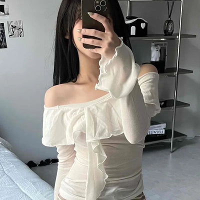Off-shoulder Ruffle Frill Chiffon Wave Slim Fit Blouse