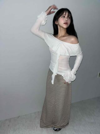 Off-shoulder Ruffle Frill Chiffon Wave Slim Fit Blouse