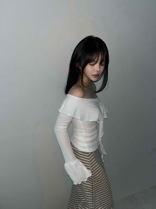 Off-shoulder Ruffle Frill Chiffon Wave Slim Fit Blouse