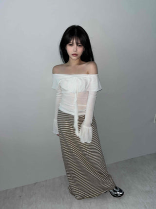 Off-shoulder Ruffle Frill Chiffon Wave Slim Fit Blouse