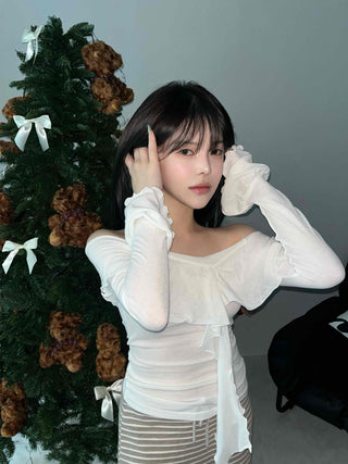 Off-shoulder Ruffle Frill Chiffon Wave Slim Fit Blouse