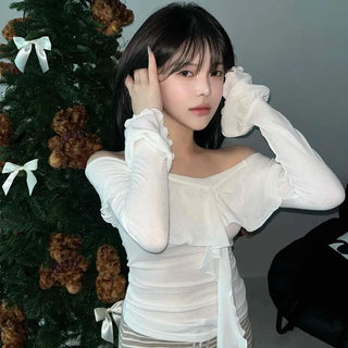 Off-shoulder Ruffle Frill Chiffon Wave Slim Fit Blouse