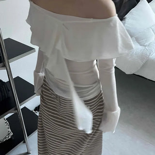 Off-shoulder Ruffle Frill Chiffon Wave Slim Fit Blouse