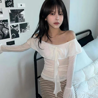 Off-shoulder Ruffle Frill Chiffon Wave Slim Fit Blouse