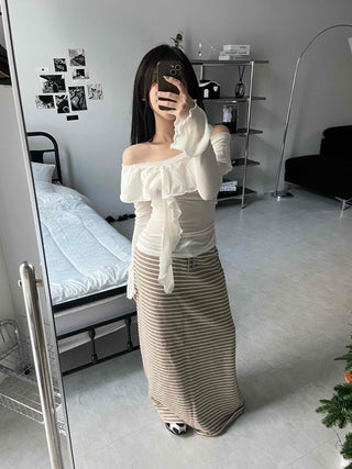 Off-shoulder Ruffle Frill Chiffon Wave Slim Fit Blouse