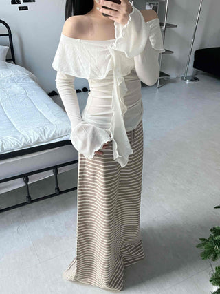 Off-shoulder Ruffle Frill Chiffon Wave Slim Fit Blouse