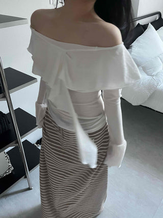 Off-shoulder Ruffle Frill Chiffon Wave Slim Fit Blouse