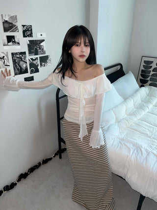 Off-shoulder Ruffle Frill Chiffon Wave Slim Fit Blouse