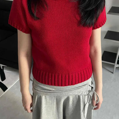Ribbed Turtleneck Cropped Short Sleeve Knit