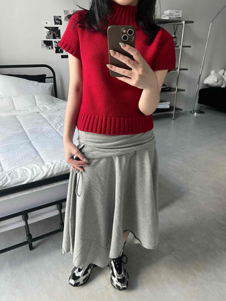 Low-Waist Asymmetrical Flare Sweat Midi Skirt