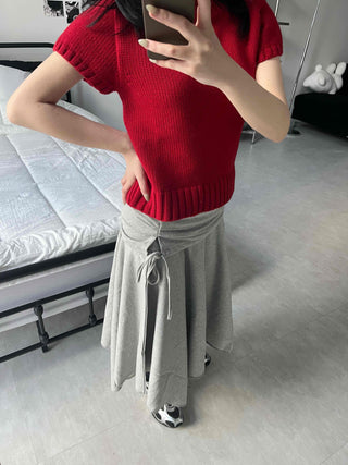Low-Waist Asymmetrical Flare Sweat Midi Skirt