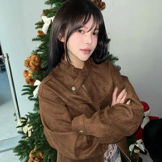 Vintage Button Point Rider Suede Loose Fit Jumper