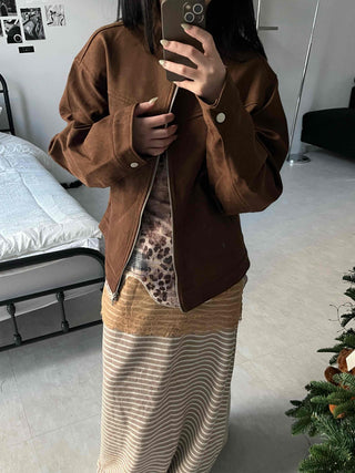 Vintage Button Point Rider Suede Loose Fit Jumper