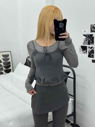 Knit Bustier Layered Frill Long T-shirt Set
