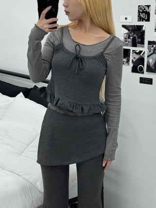 Knit Bustier Layered Frill Long T-shirt Set