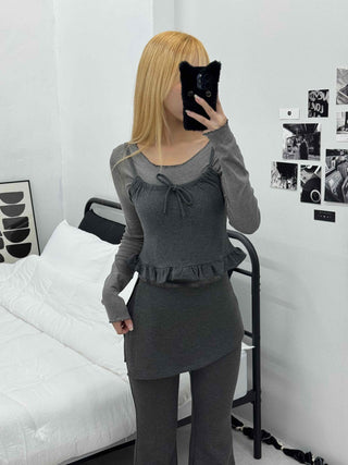 Knit Bustier Layered Frill Long T-shirt Set