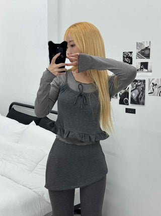 Knit Bustier Layered Frill Long T-shirt Set