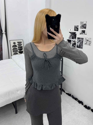 Knit Bustier Layered Frill Long T-shirt Set