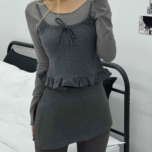 Knit Bustier Layered Frill Long T-shirt Set
