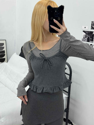 Knit Bustier Layered Frill Long T-shirt Set