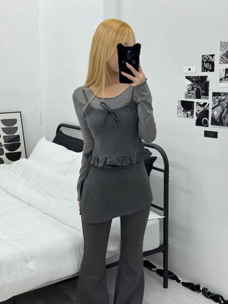 Knit Bustier Layered Frill Long T-shirt Set