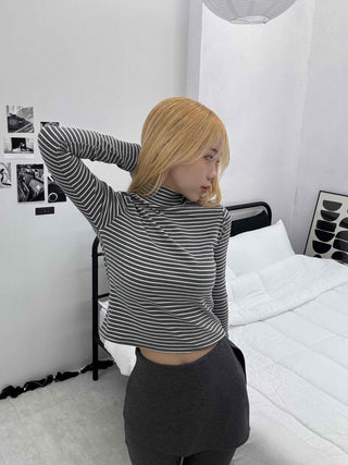 Daily Striped Slim Fit High-Neck Turtleneck Long Sleeve Tee