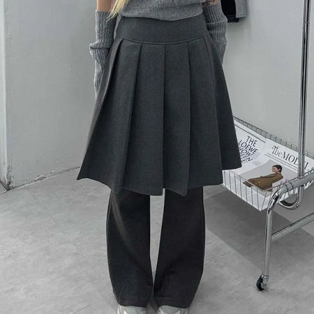 Pleated Layered Wide Wool Midi Skirt