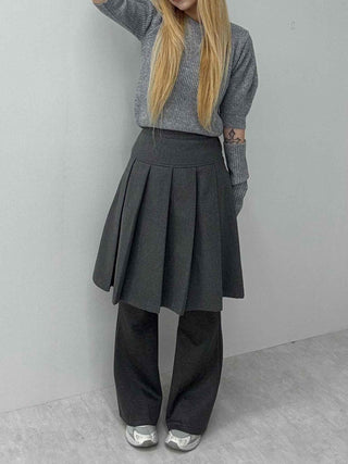 Pleated Layered Wide Wool Midi Skirt
