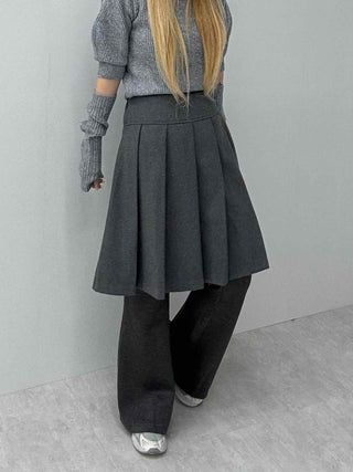 Pleated Layered Wide Wool Midi Skirt