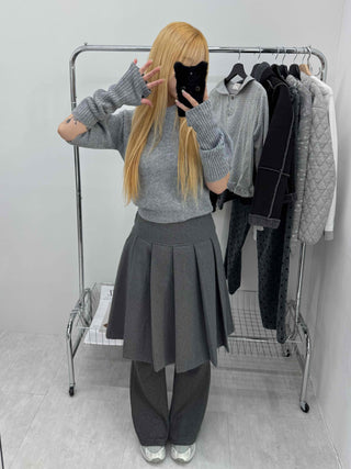 Pleated Layered Wide Wool Midi Skirt