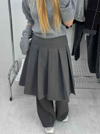 Pleated Layered Wide Wool Midi Skirt