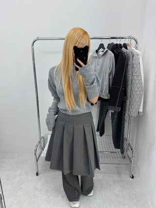 Pleated Layered Wide Wool Midi Skirt