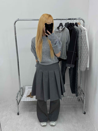 Pleated Layered Wide Wool Midi Skirt