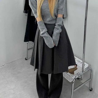 Pleated Layered Wide Wool Midi Skirt
