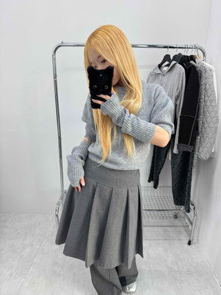 Pleated Layered Wide Wool Midi Skirt