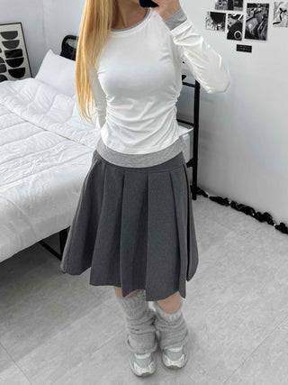 Pleated Layered Wide Wool Midi Skirt