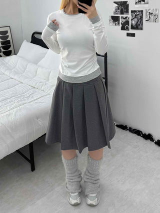 Pleated Layered Wide Wool Midi Skirt