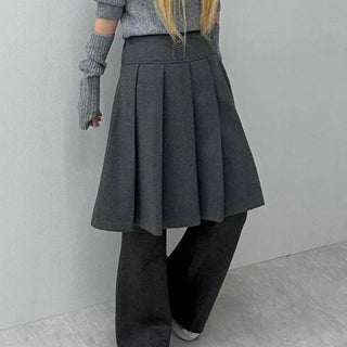 Pleated Layered Wide Wool Midi Skirt