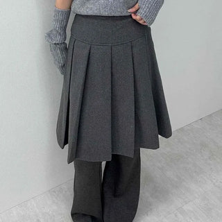 Pleated Layered Wide Wool Midi Skirt