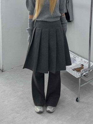 Pleated Layered Wide Wool Midi Skirt