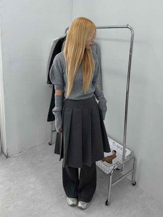 Pleated Layered Wide Wool Midi Skirt
