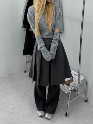 Pleated Layered Wide Wool Midi Skirt