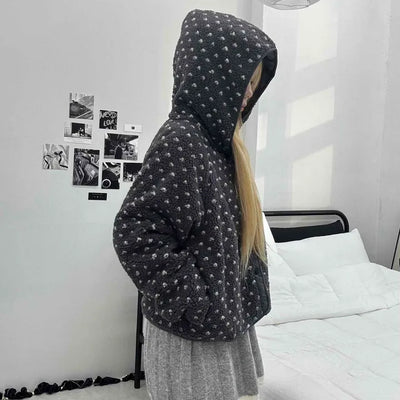 Small Rose Pattern Quilted Hooded Reversible Fleece
