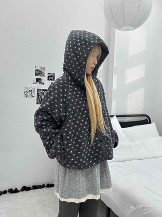 Small Rose Pattern Quilted Hooded Reversible Fleece