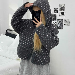 Small Rose Pattern Quilted Hooded Reversible Fleece