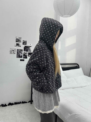 Small Rose Pattern Quilted Hooded Reversible Fleece