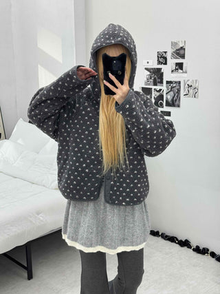 Small Rose Pattern Quilted Hooded Reversible Fleece