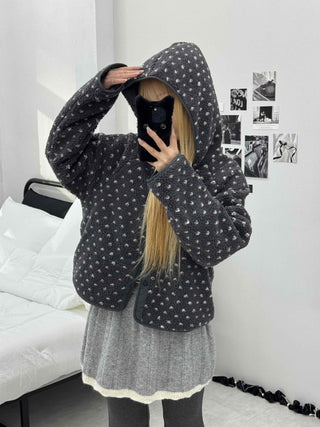 Small Rose Pattern Quilted Hooded Reversible Fleece