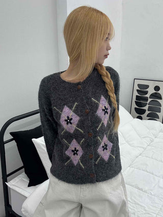 Argyle Pattern Balloon Sleeve Fuzzy Knit Cardigan