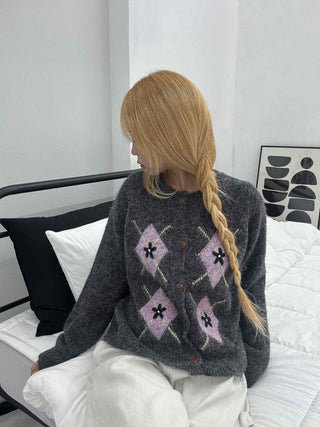 Argyle Pattern Balloon Sleeve Fuzzy Knit Cardigan
